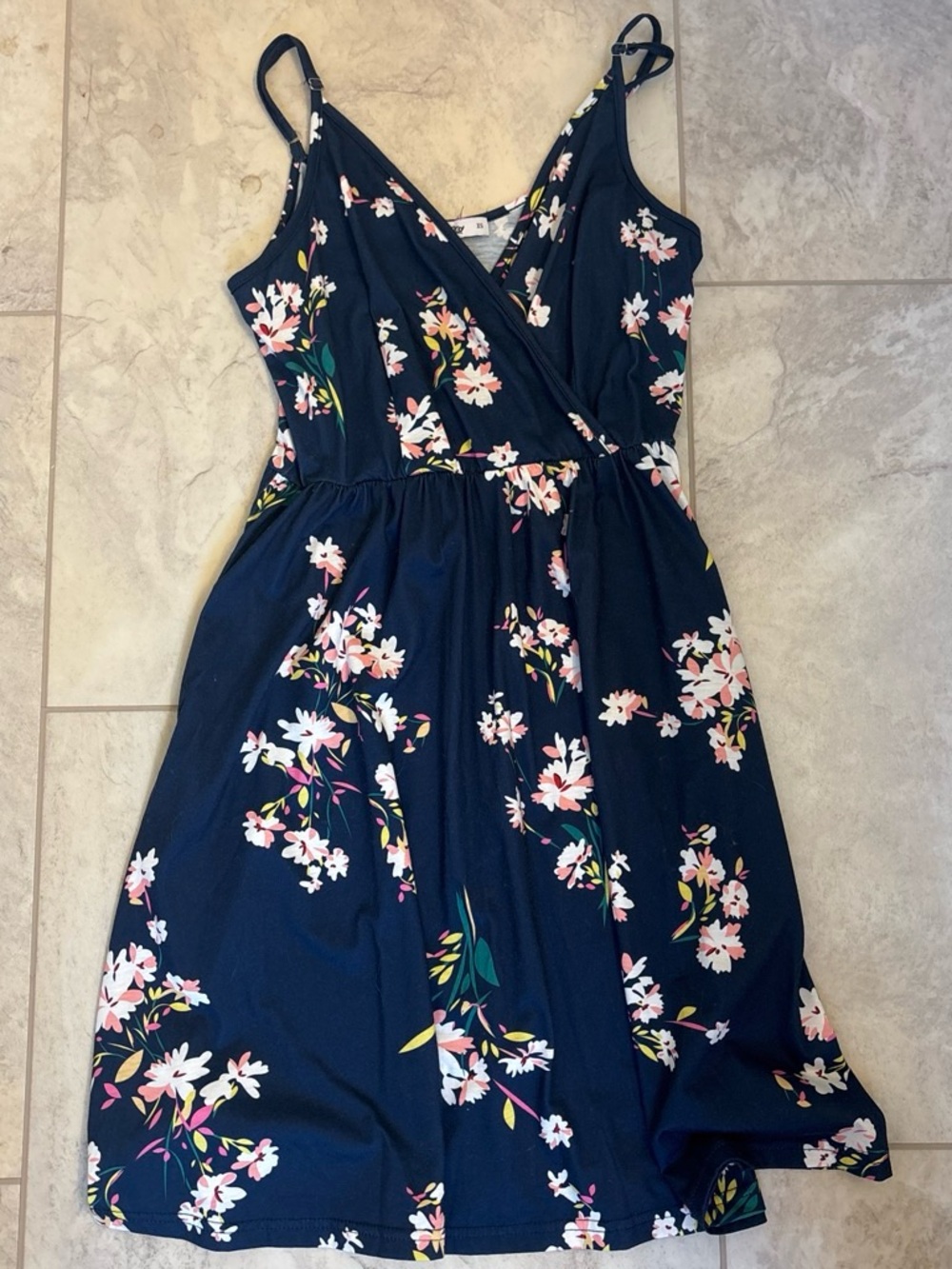 Amazon Navy Floral Wrap Midi Dress with Pink & White Blooms